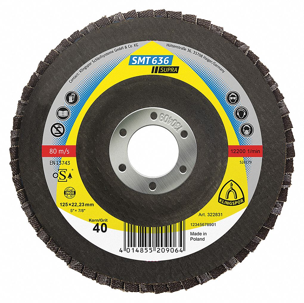 KLINGSPOR FLAP DISC, SERIES SMT636 SUPRA, MAX RPM 13,300, 40 GRIT, 4 1/