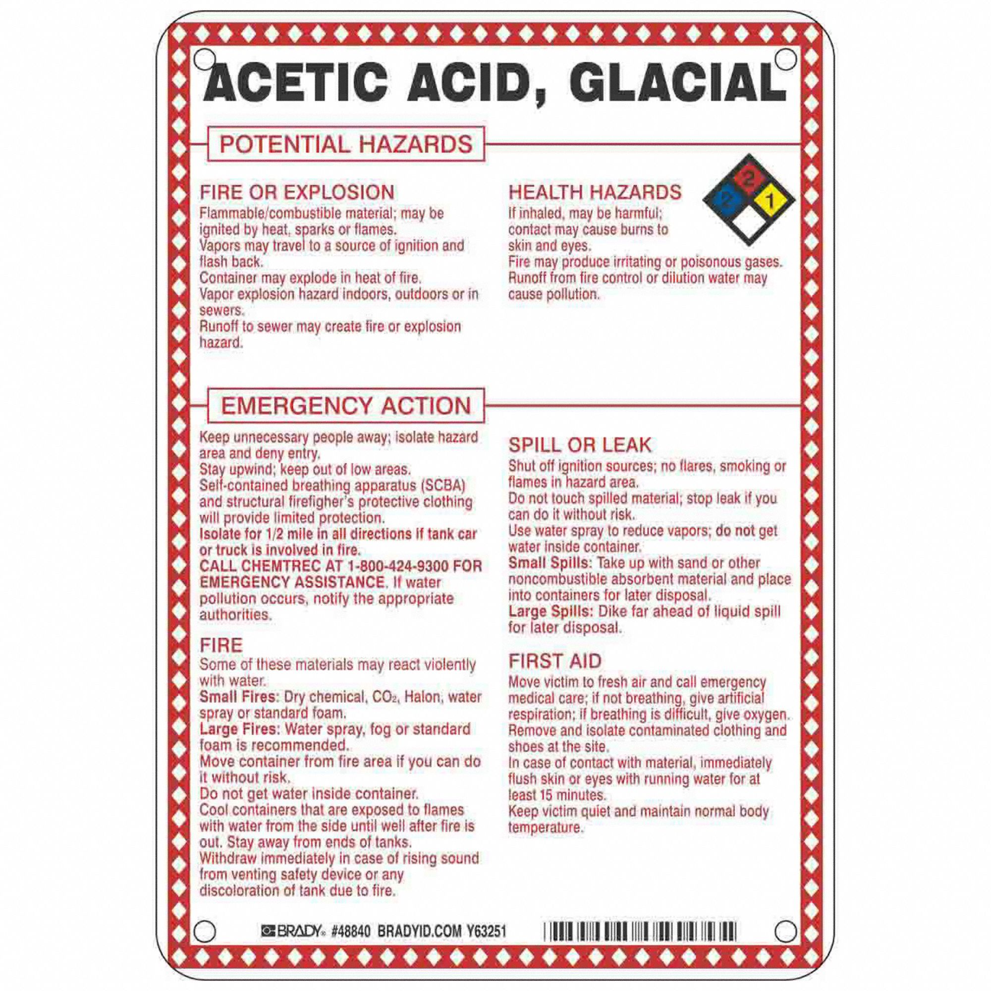 Acetic Acid/Glacial Potential Hazards, Fiberglass, Chemical Sign