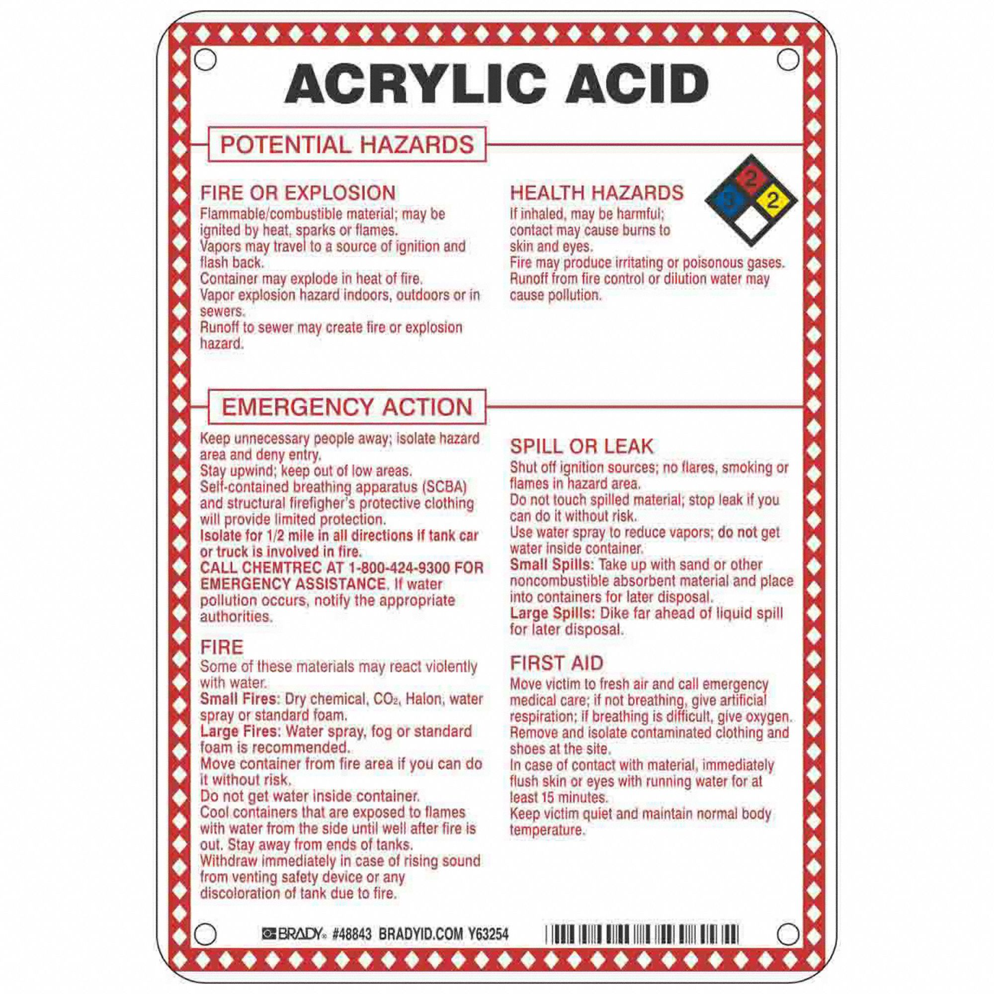 Acrylic Acid Potential Hazards, Fiberglass, Chemical Sign 41F45548843 Grainger