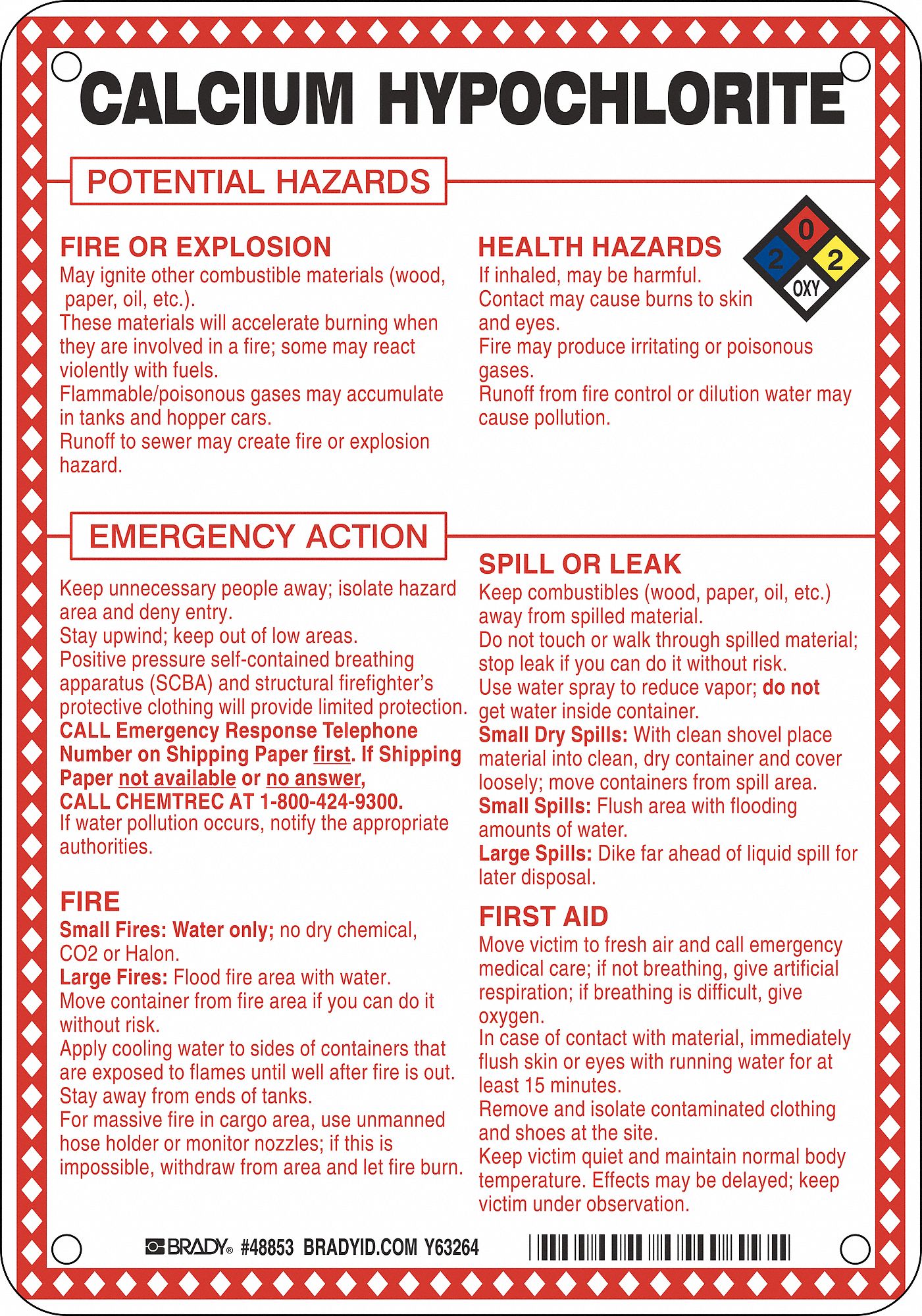 BRADY Chemical Sign Calcium Hypochlorite Potential Hazards, Fiberglass