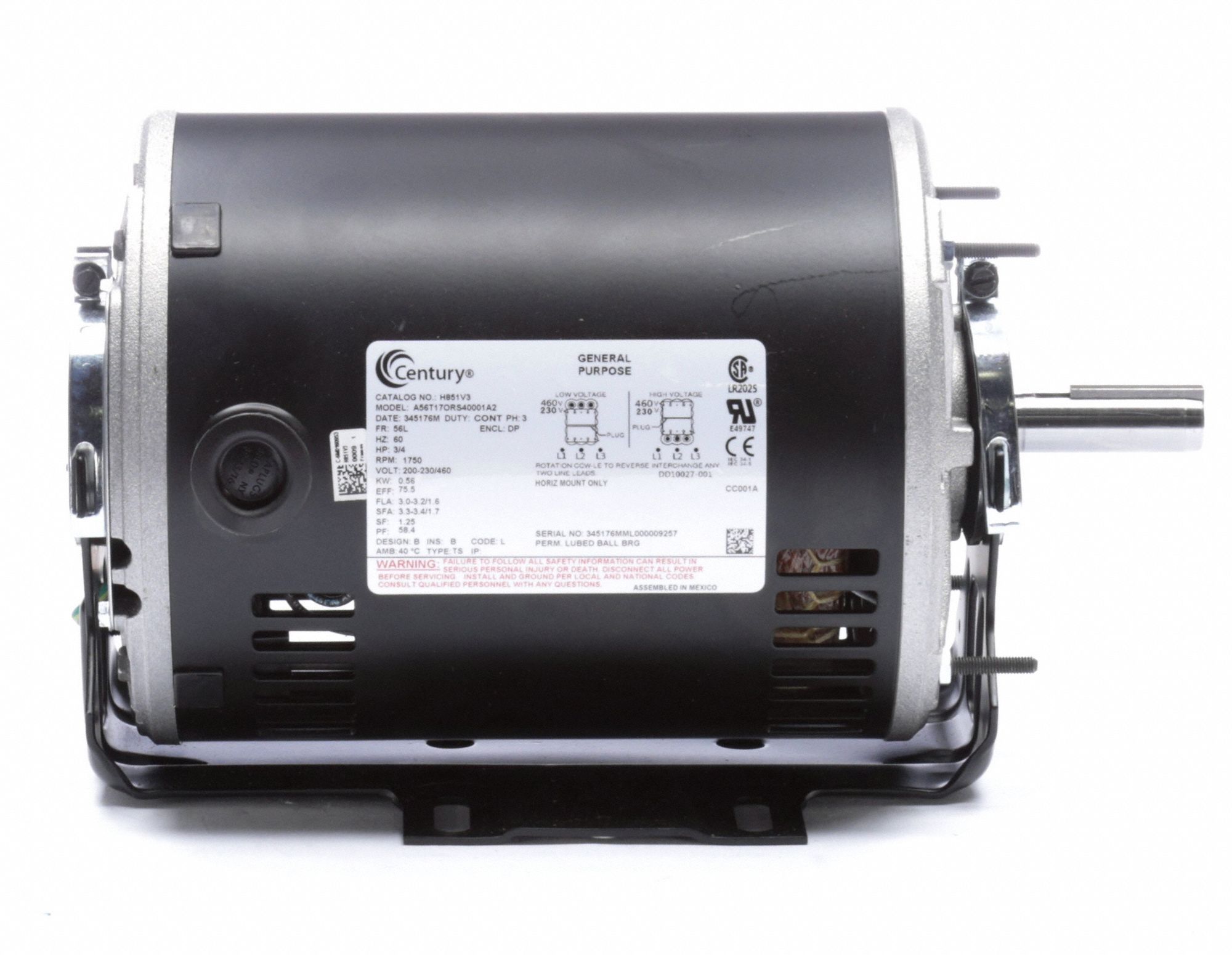 CENTURY General Purpose Motor, 3/4 HP, 3Phase, Nameplate RPM 1,725