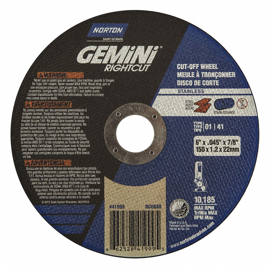 NORTON 6 in, Type 1 Aluminum Oxide Abrasive CutOff Wheel, 7/8 in Arbor Hole Size, 0.045 in