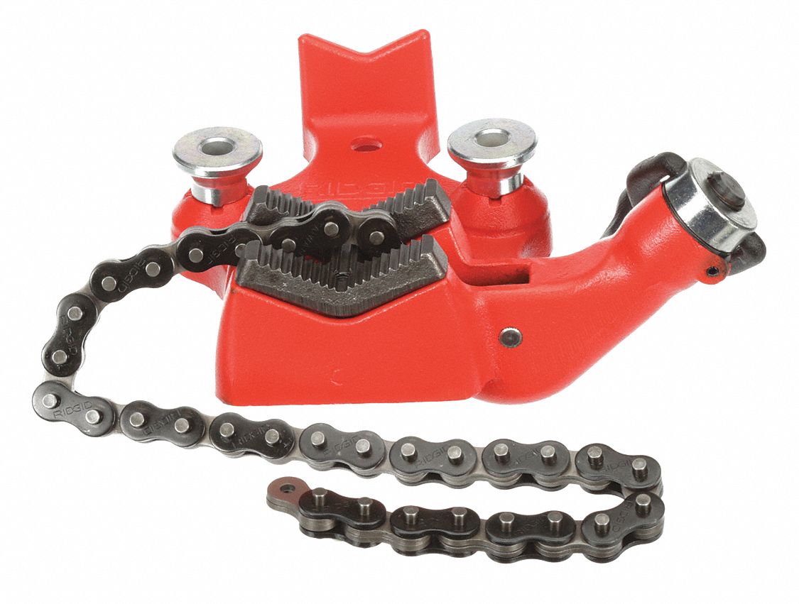 RIDGID BENCH CHAIN VISE, ⅛ TO 5 IN DIA, CRANK HANDLE, RUGGED CAST IRON