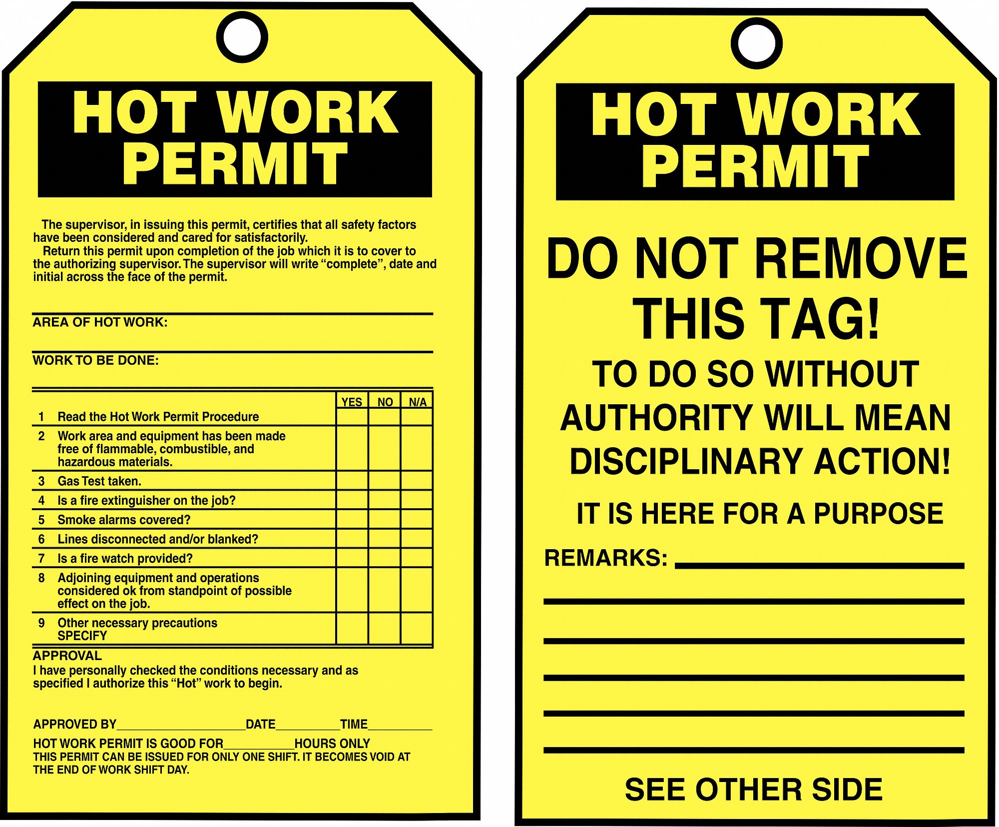 ACCUFORM Permit Tag By The Roll, Sign Legend Hot Work Permit, Cardstock