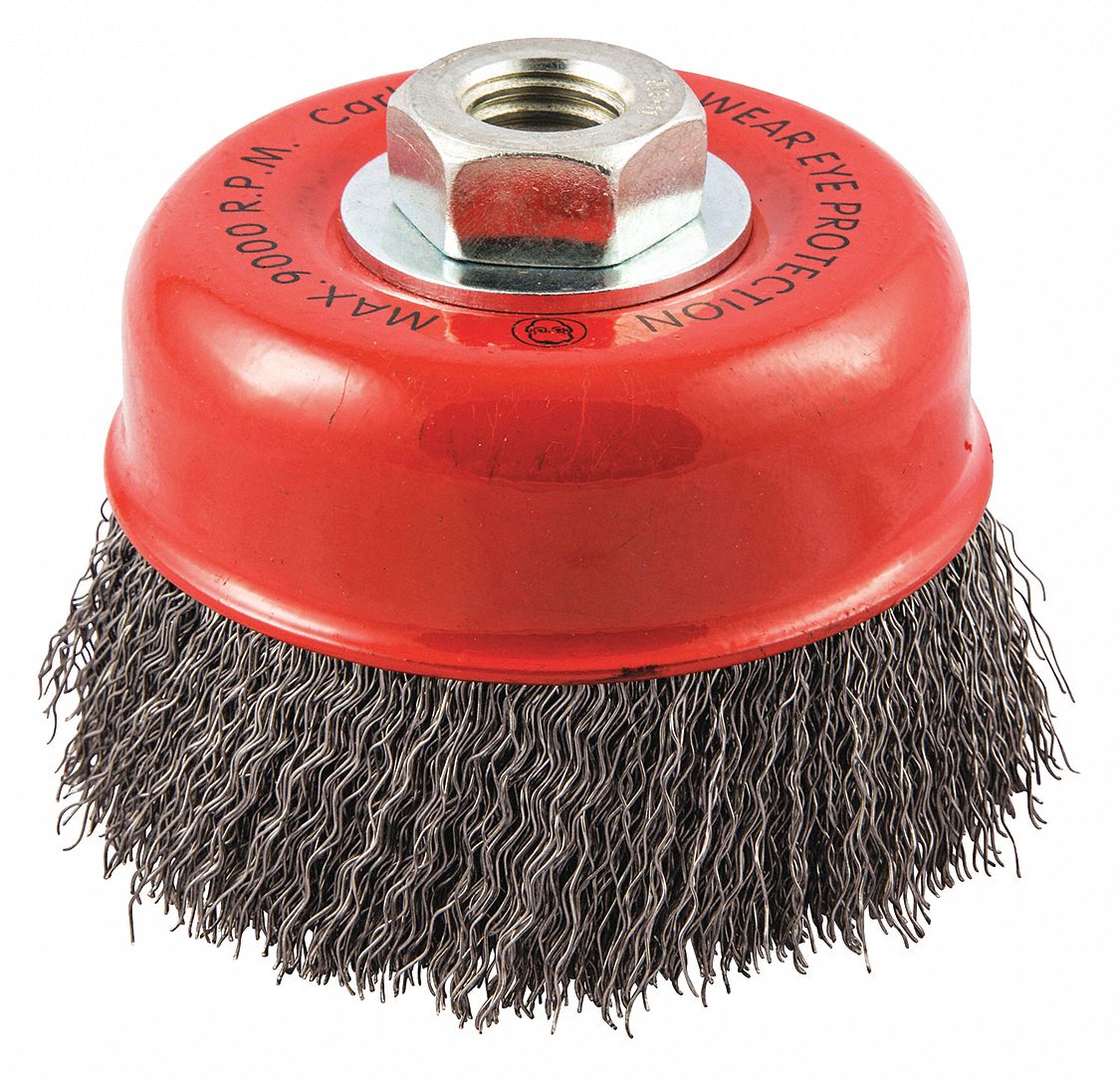 GRAINGER APPROVED 4 in Crimped Wire Cup Brush, Arbor Hole Mounting, 0.014 in Wire Dia. 1 1/8 in