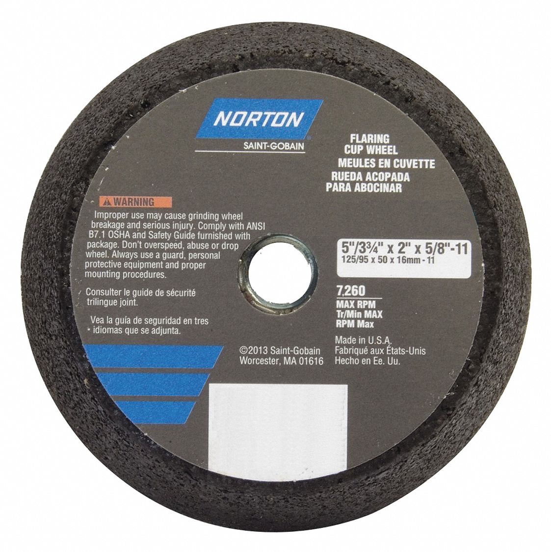NORTON Type 11 Silicon Carbide, Aluminum Oxide Flaring Cup Grinding Wheel, 5 in, 5/8"11 Arbor