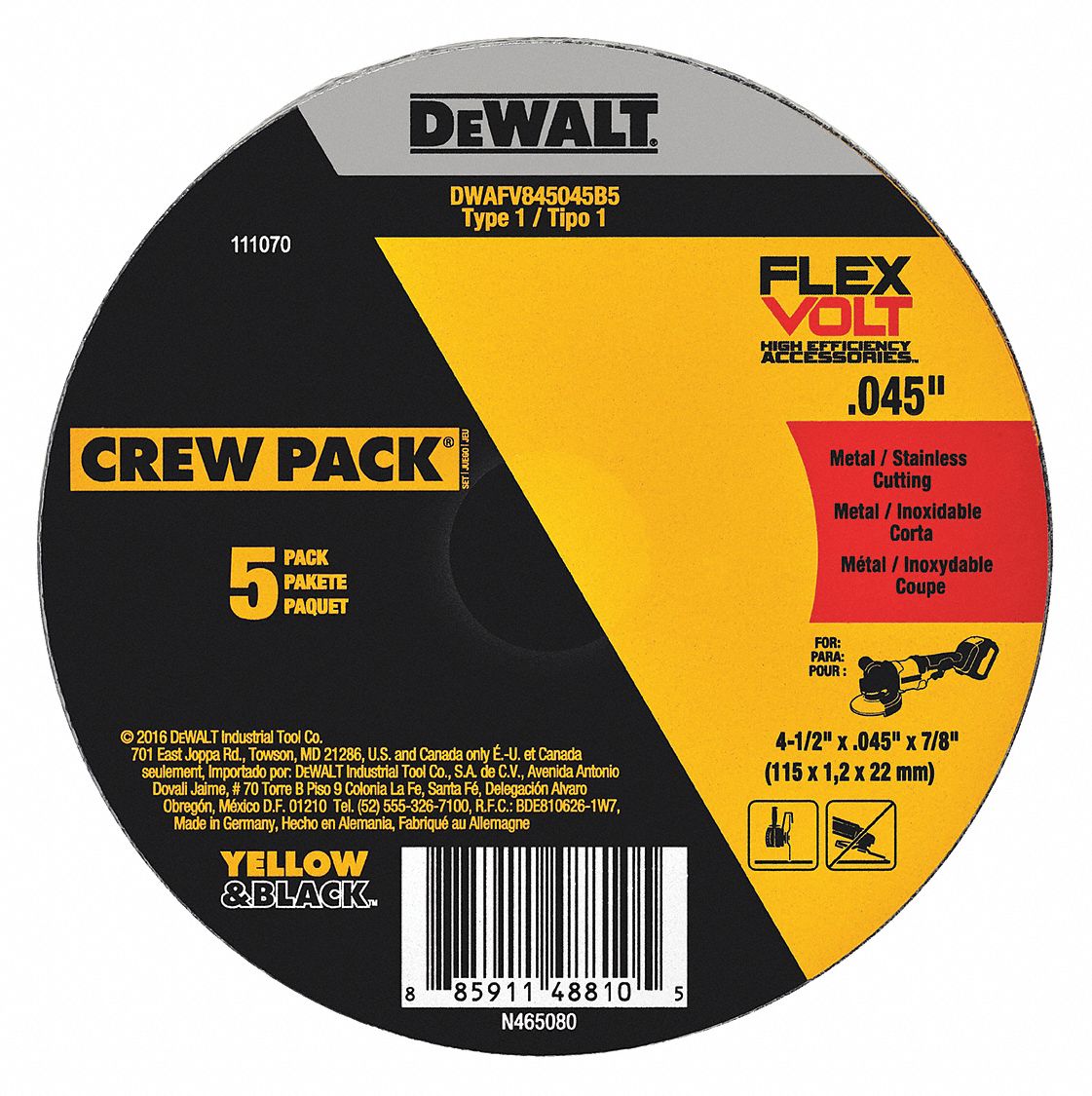 DEWALT, Type 1, 4 1/2 in x 0.045 in x 7/8 in, Abrasive CutOff Wheel