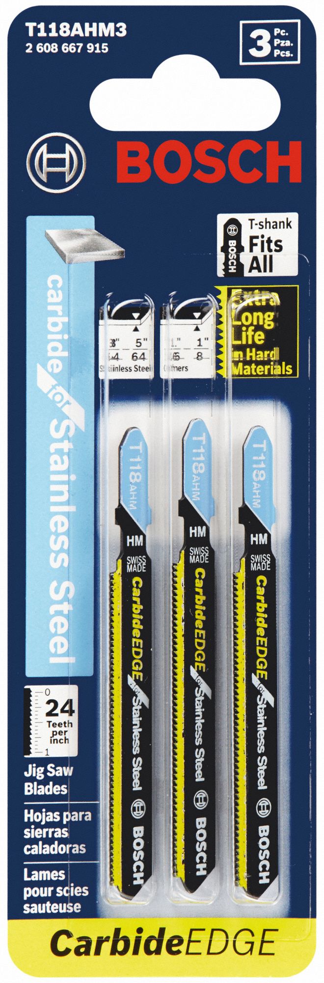 BOSCH Jig Saw Blade, T Shank Blade Shank Type, 24 Teeth per Inch, 3 1/4 in Blade Length, PK 3