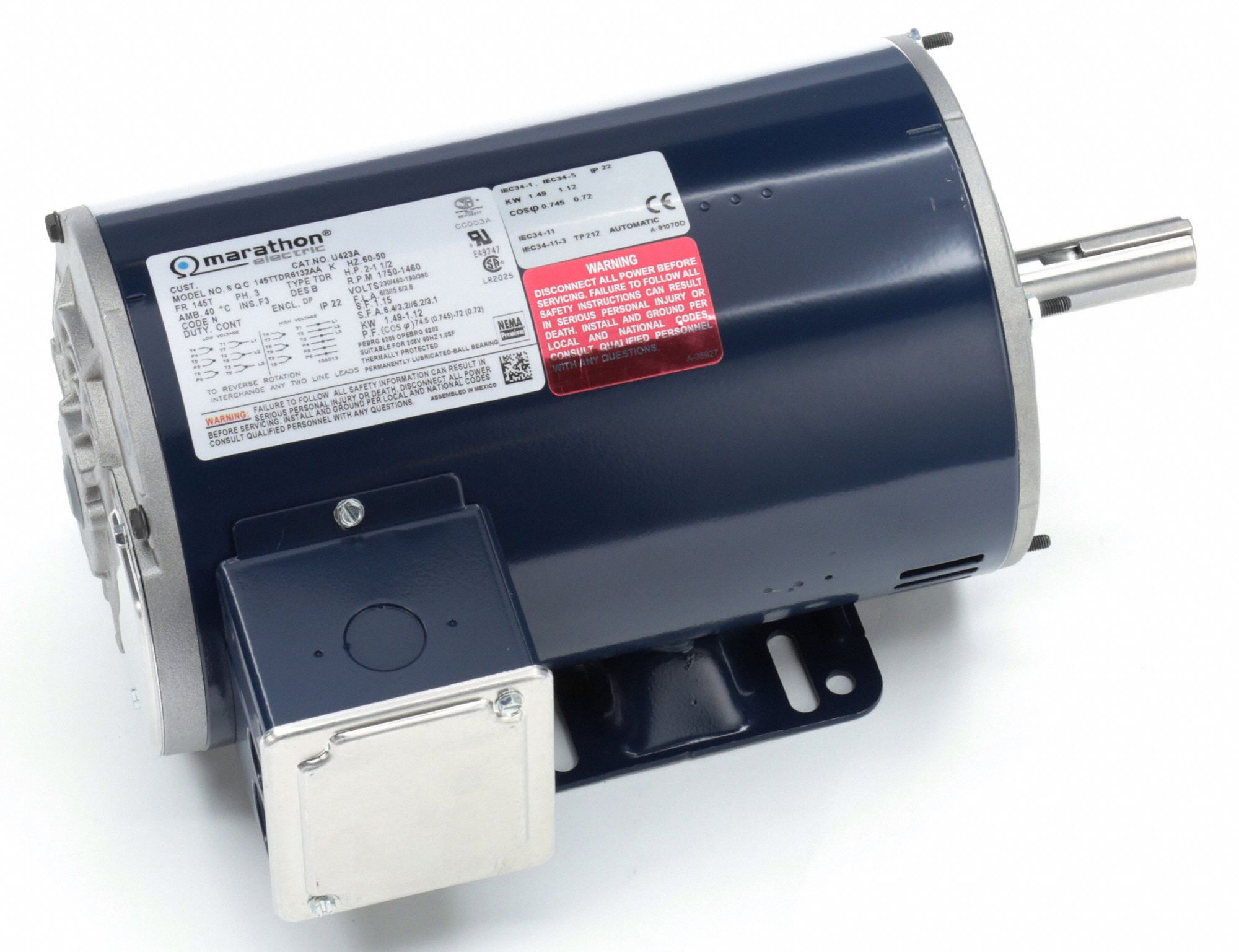 MARATHON MOTORS General Purpose Motor, 2 HP, 3Phase, Nameplate RPM