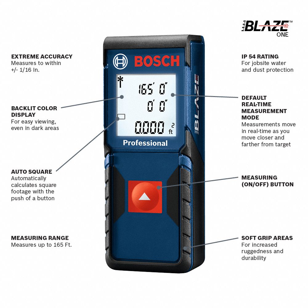 BOSCH Laser Distance Meter, Indoor, Maximum Measuring Distance 165 ft