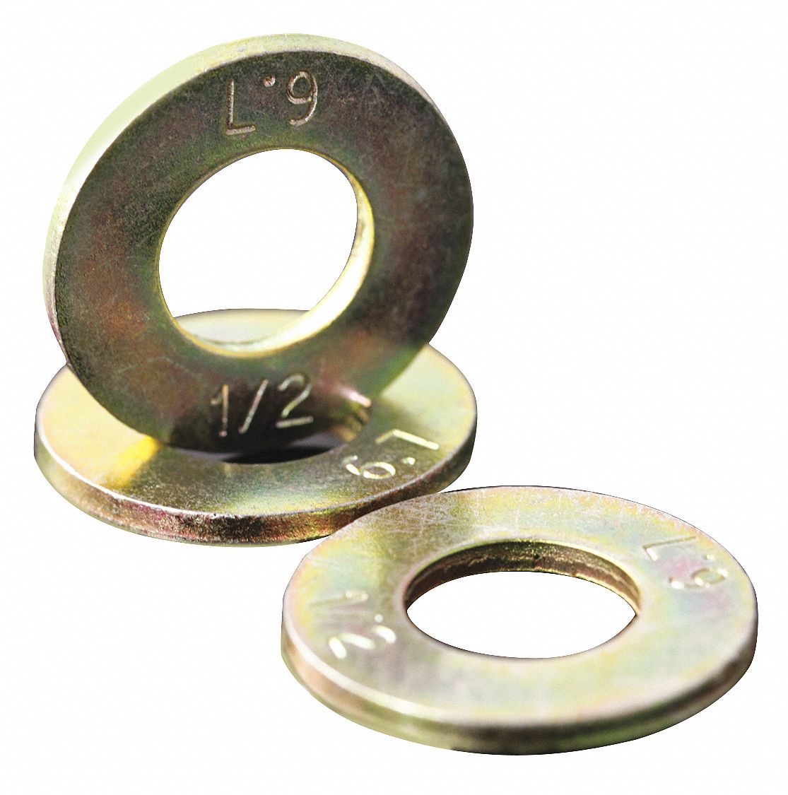 L9 Steel Flat Washer, Zinc Yellow Fastener Finish, Fits Bolt Sizes 1/2