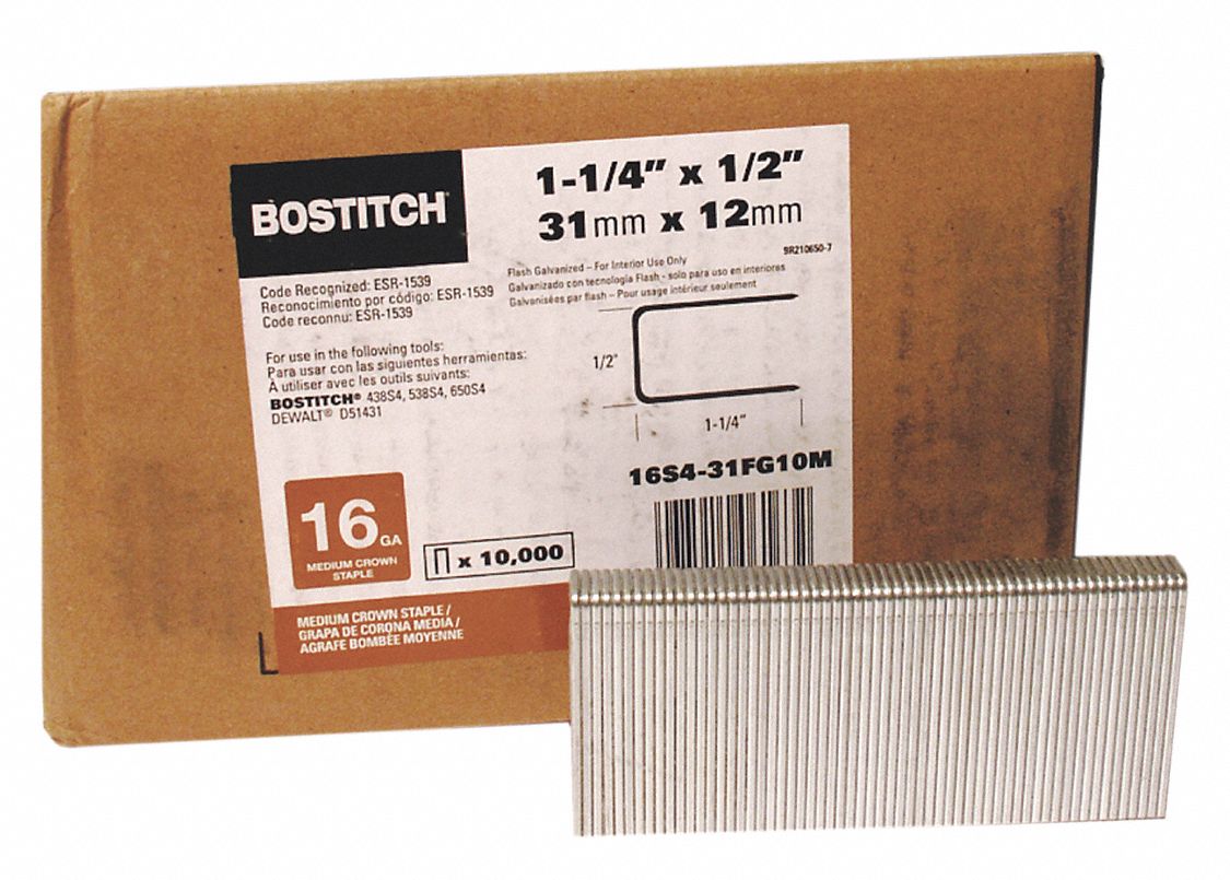 BOSTITCH Staples, Staples, 16 ga Gauge, 1 in Length, Steel, Flash