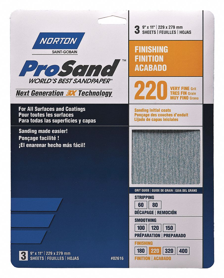NORTON Sandpaper Sheet, 220 Grit, Aluminum Oxide, 11 in Length, 9 in