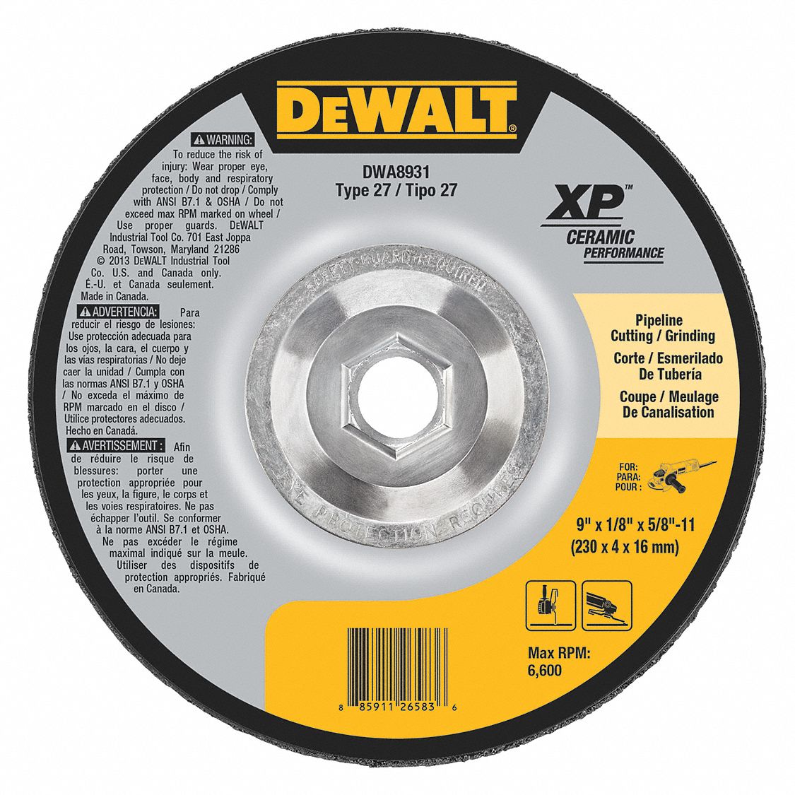 DEWALT, Type 27, 9 in x 1/8 in x 5/8"11, CutOff & Grinding Wheel