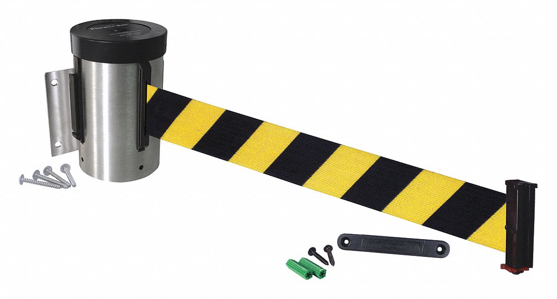 VISIONTRON Retractable Belt Barrier, Black and Yellow Diagonal Striped