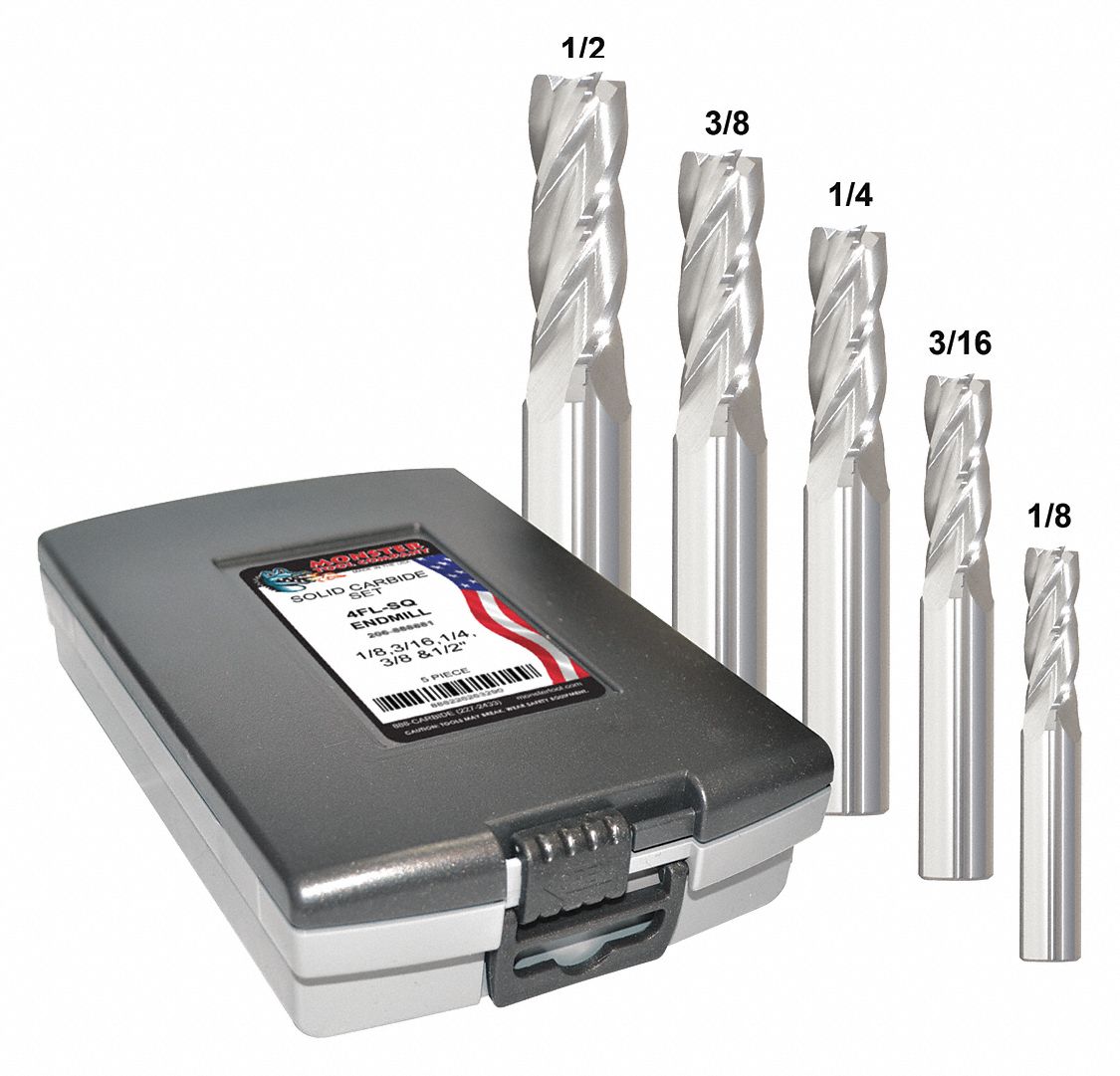 MONSTER End Mill Set, Carbide, Bright (Uncoated), 1/8 in to 1/2 in