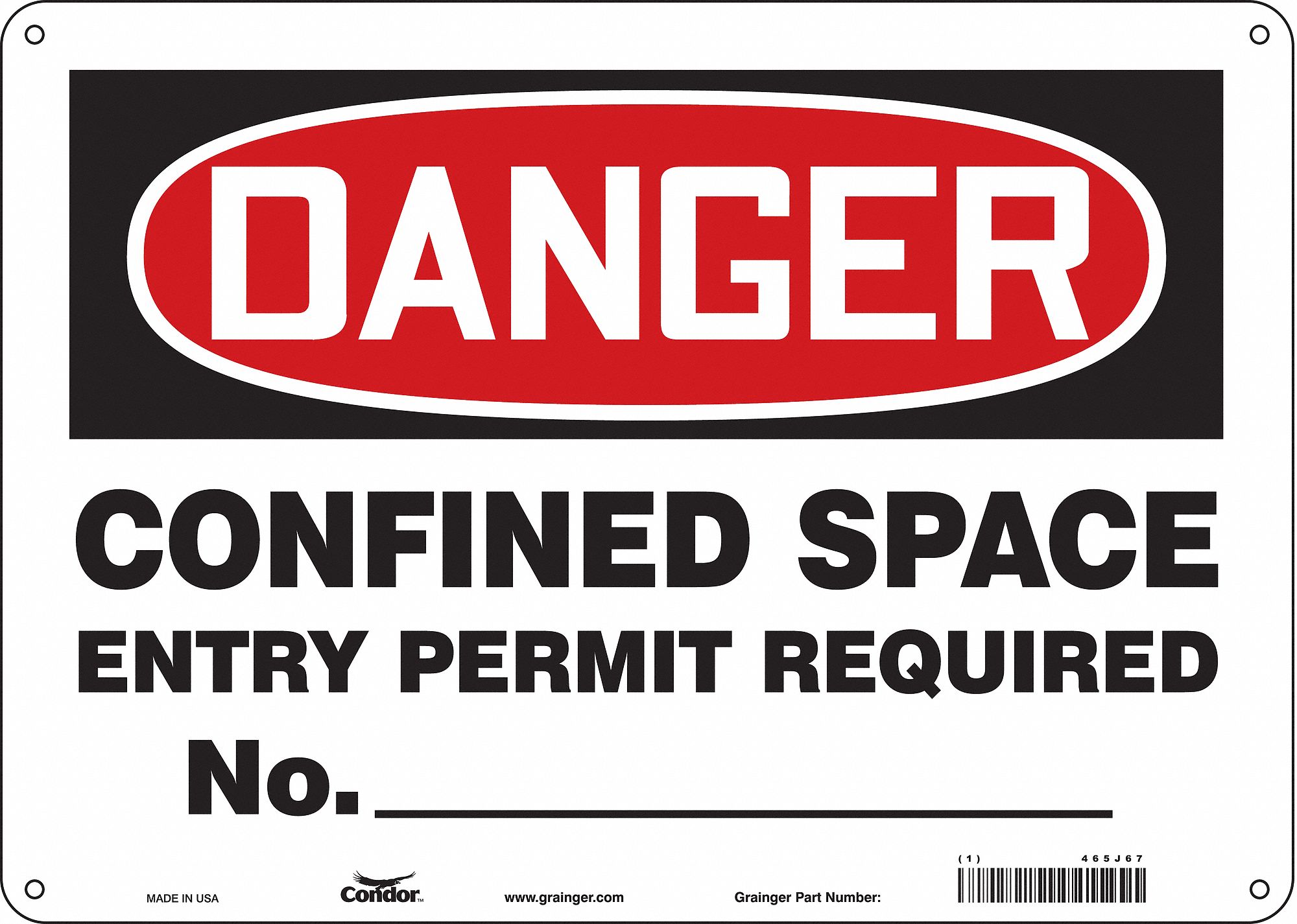 CONDOR Safety Sign, Sign Format Traditional OSHA, Confined Space Entry
