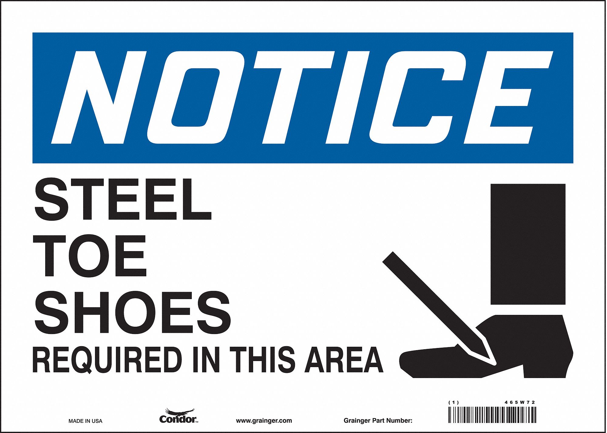 CONDOR Safety Sign, Sign Format Traditional OSHA, Steel Toe Shoes