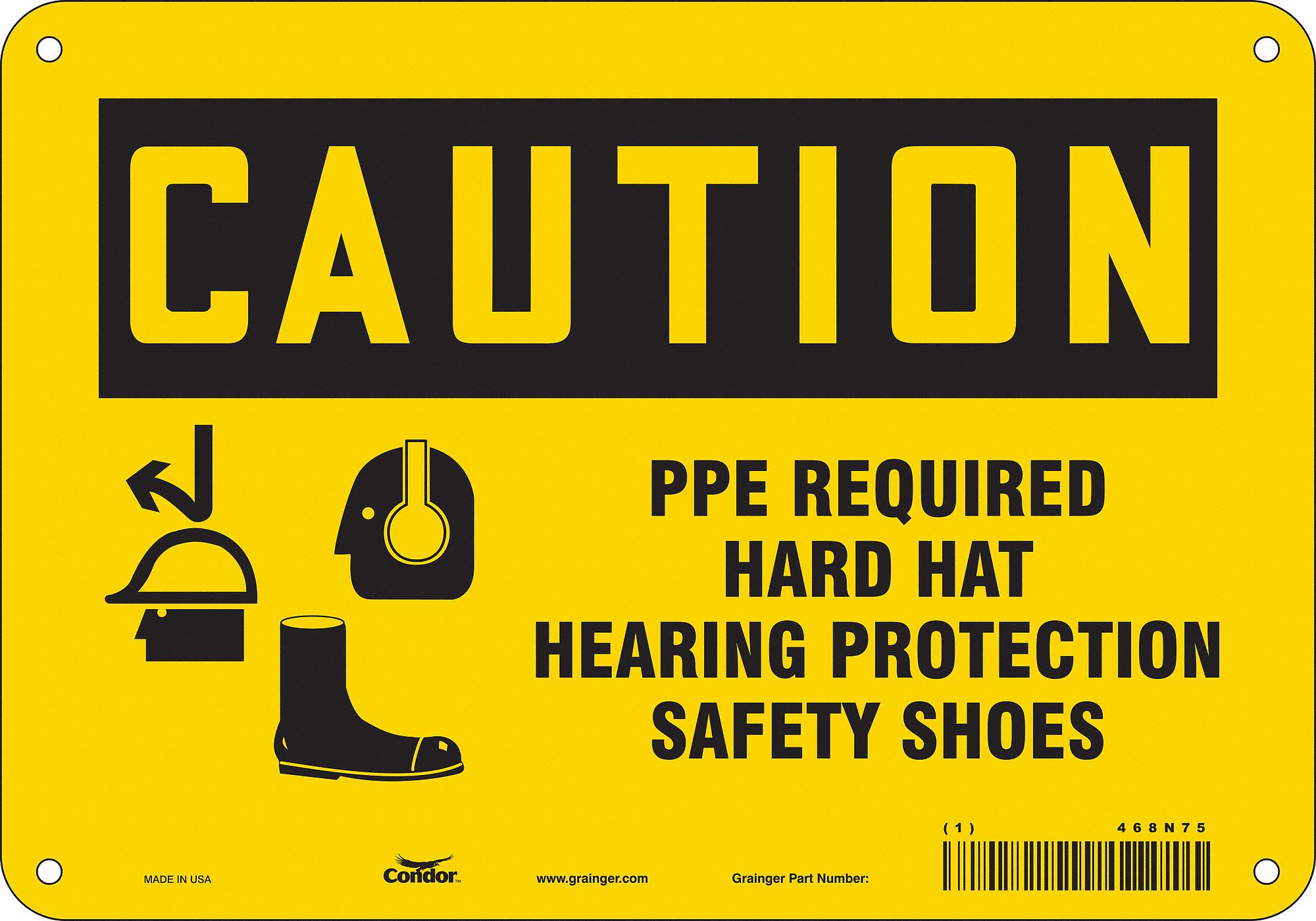 CONDOR Safety Sign, Sign Format Traditional OSHA, Ppe Required Hard Hat