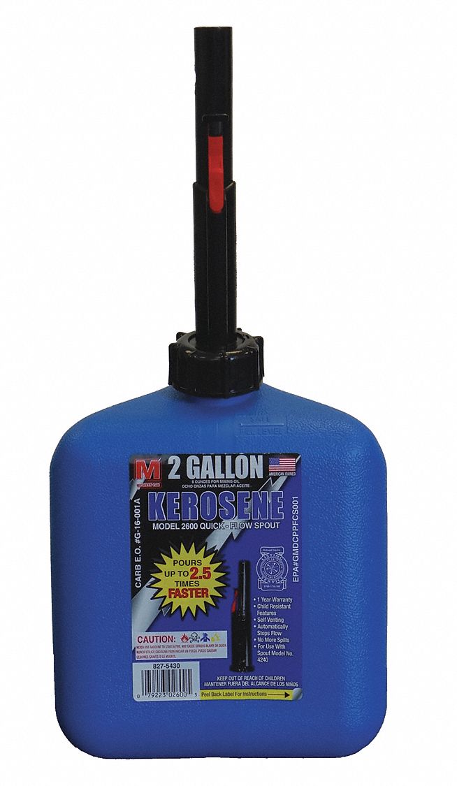 Kerosene Can, HDPE, 2 gal Capacity, 93/4" Height, 91/4" Length, 73/4