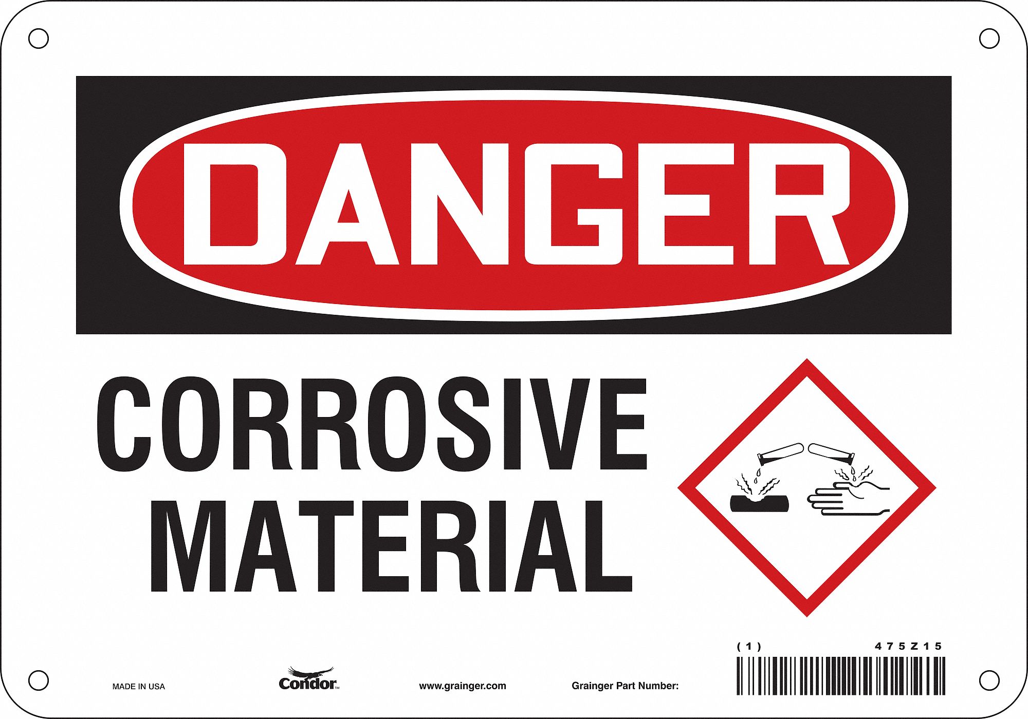 CONDOR Chemical Sign, Sign Format Traditional OSHA, Corrosive Materials