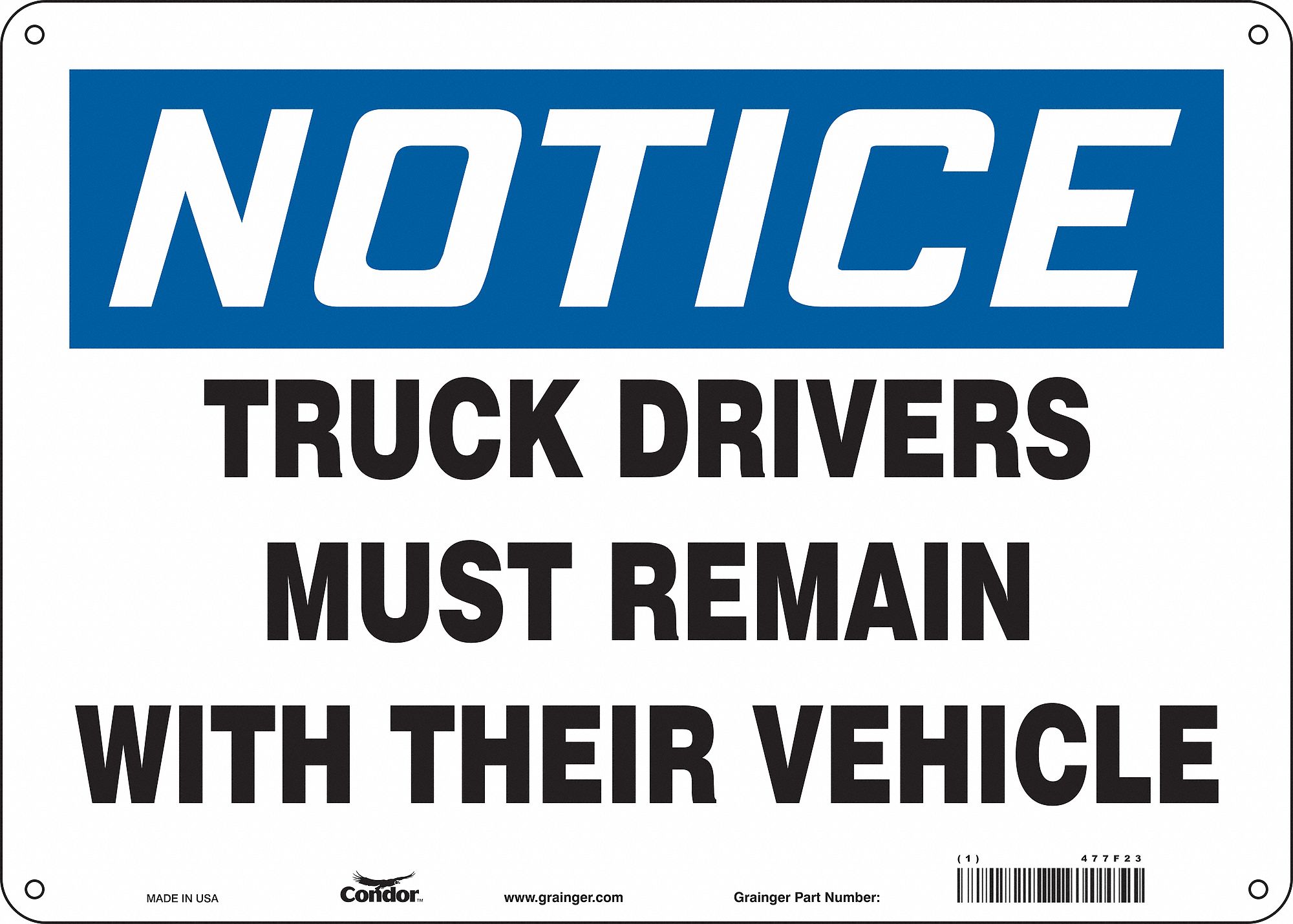 CONDOR Safety Sign, Sign Format Traditional OSHA, Truck Drivers Must