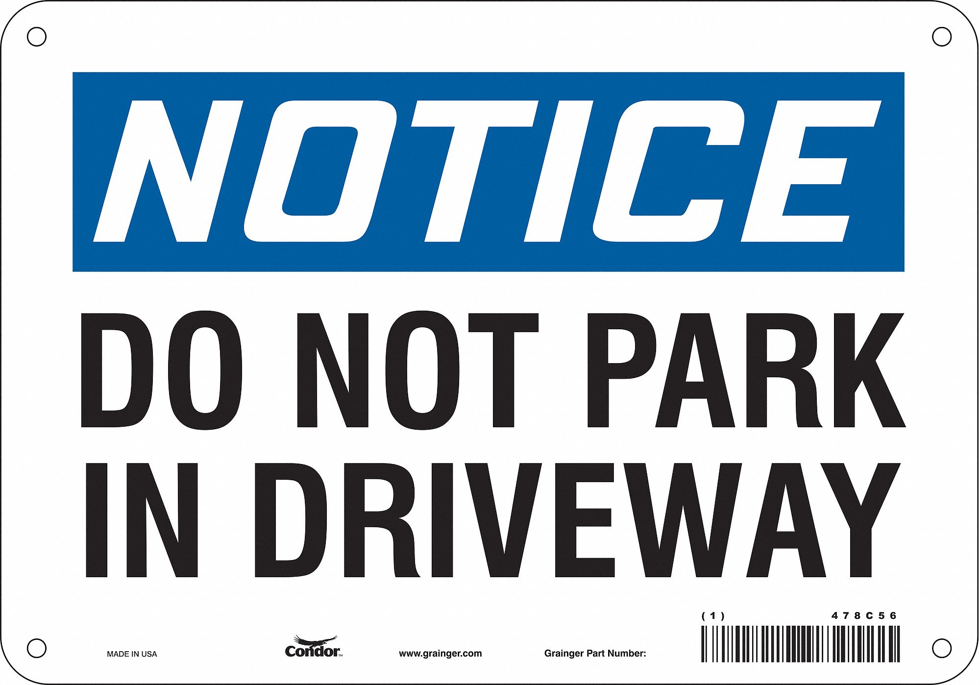 CONDOR Safety Sign, Sign Format Traditional OSHA, Do Not Park In