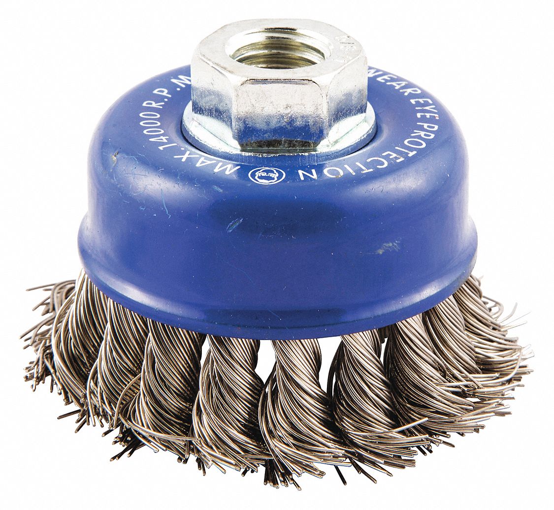 NORTON 2 3/4 in Knotted Wire Cup Brush, Arbor Hole Mounting, 0.02 in