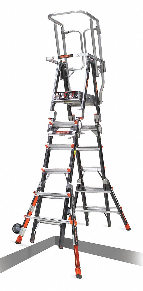 LITTLE GIANT Fiberglass Safety Cage Platform Ladder, 6 to 10 ft Ladder