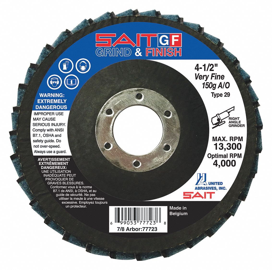 UNITED ABRASIVESSAIT Flap Disc, 41/2 in. Dia., Aluminum Oxide