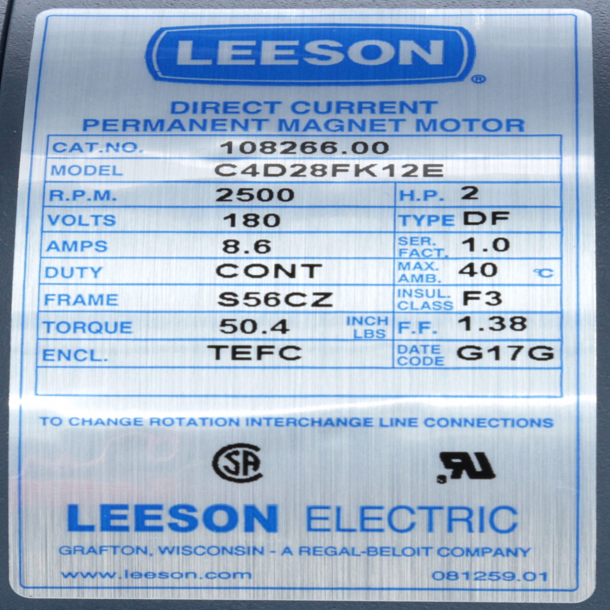 LEESON DC Permanent Motor 2 HP, 2,500 Nameplate RPM, 56CZ Frame
