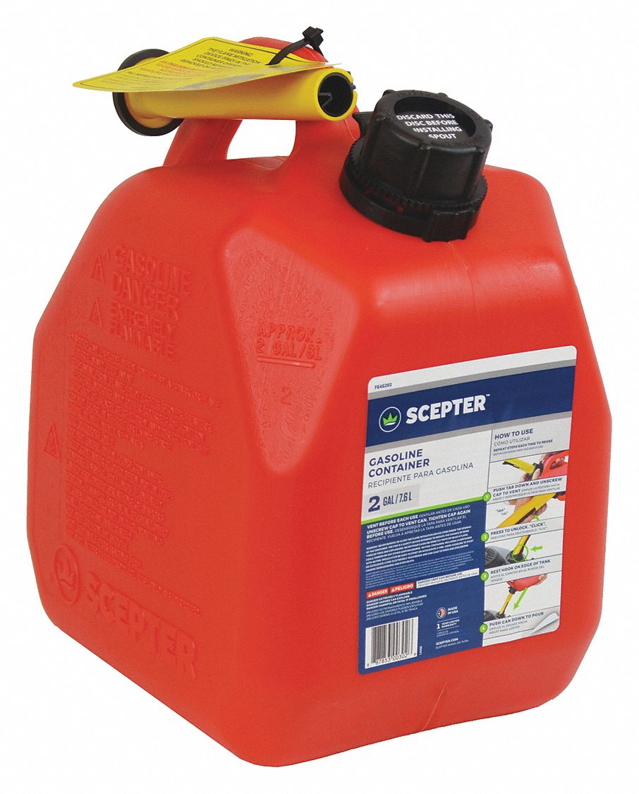 Gas Can, Polypropylene, 2 gal Capacity, 1115/32" Height, 945/64