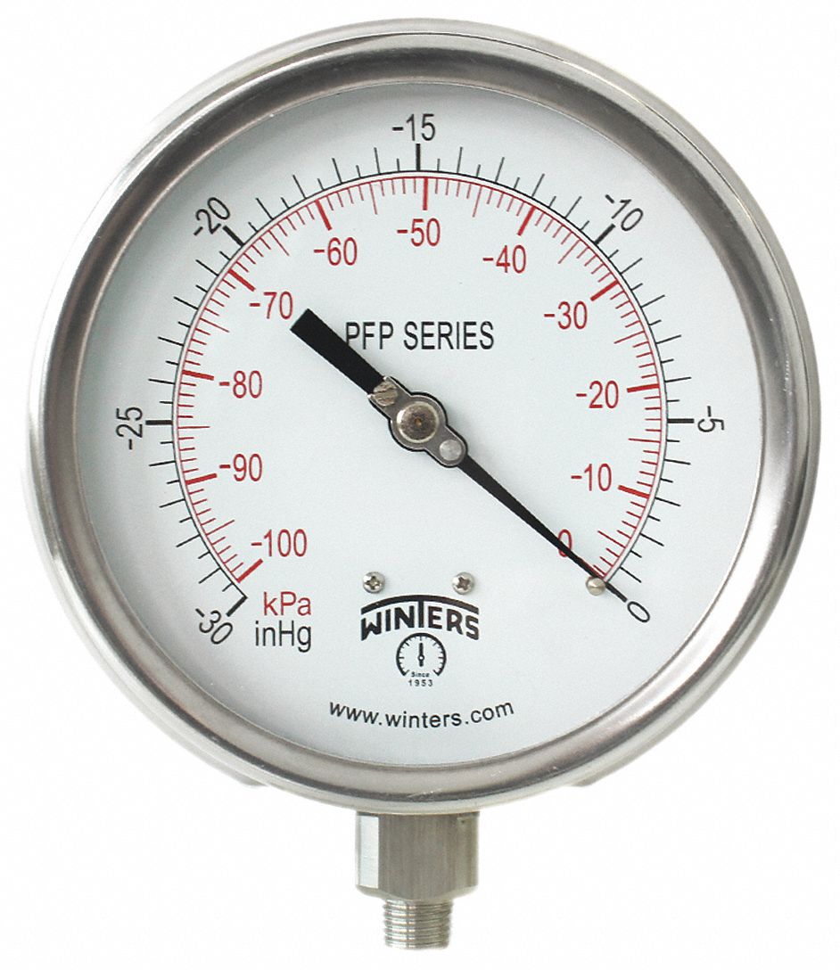 WINTERS INSTRUMENTS Vacuum Gauge, 30 in to 0 in Hg Range, 1/4 in MNPT