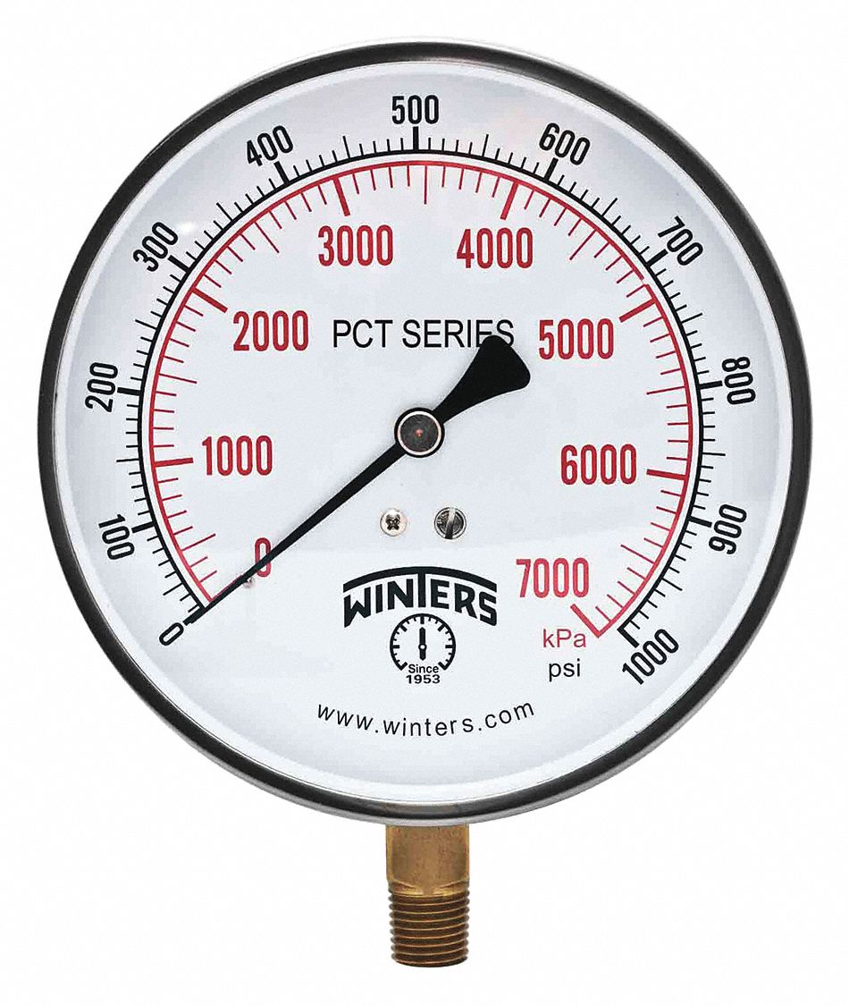 WINTERS INSTRUMENTS Pressure Gauge, 0 to 1000 psi Range, 1/4 in NPT