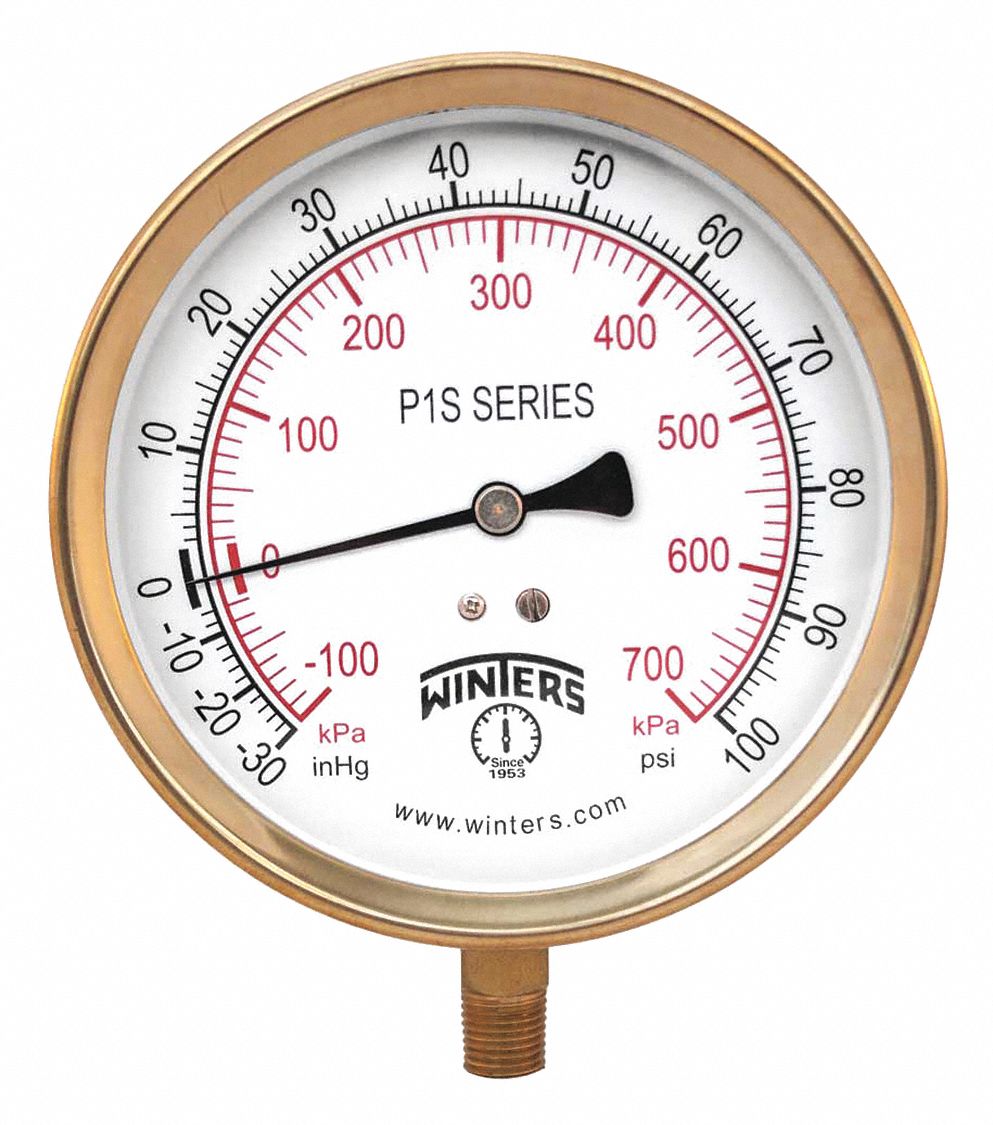 WINTERS INSTRUMENTS Compound Gauge, 30 to 100 psi Range, 1/4 in, MNPT