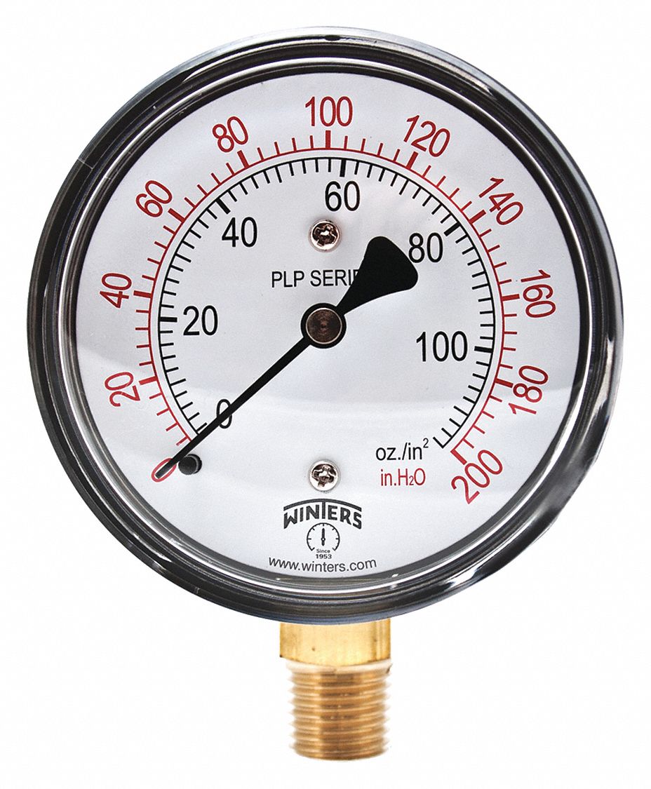 WINTERS INSTRUMENTS Pressure Gauge, 0 to 200 in wc Range, 1/4 in NPT
