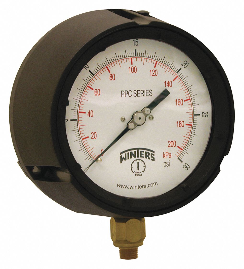 WINTERS INSTRUMENTS Pressure Gauge, 0 to 30 psi Range, 1/4 in NPT, +/0
