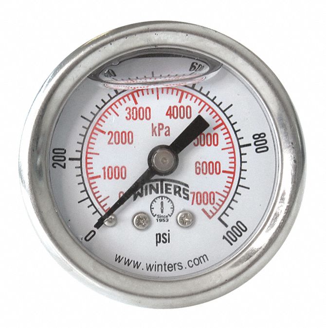 WINTERS, 0 to 1,000 psi ( 0 to 7,000 kPa ), 1 1/2 in Dial, Industrial