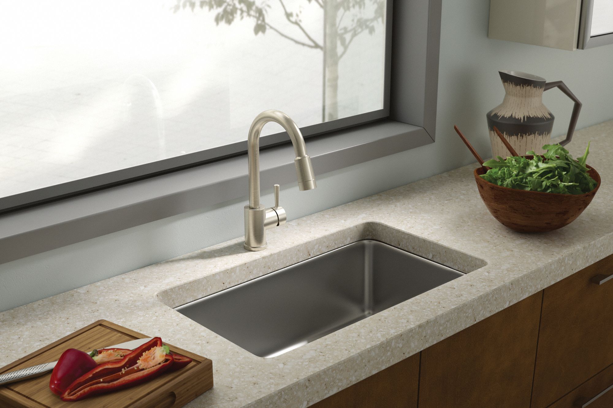 CFG Gooseneck Pull Out Kitchen Faucet Moen, Edgestone, Stainless Steel