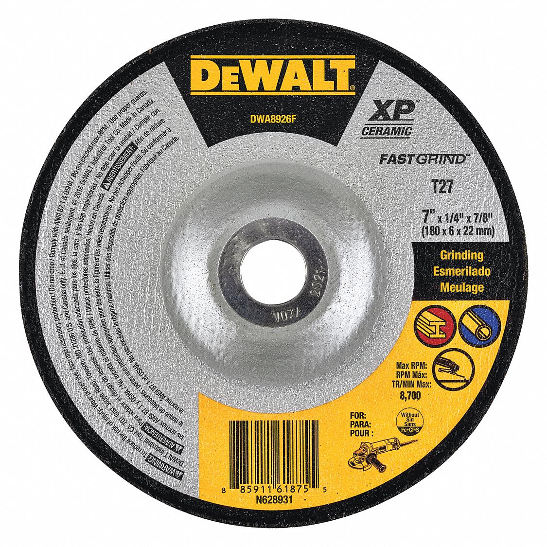 DEWALT Abrasive CutOff Wheel 7 in Abrasive Wheel Dia, Ceramic, Type 27, 7/8 in Arbor Hole Size