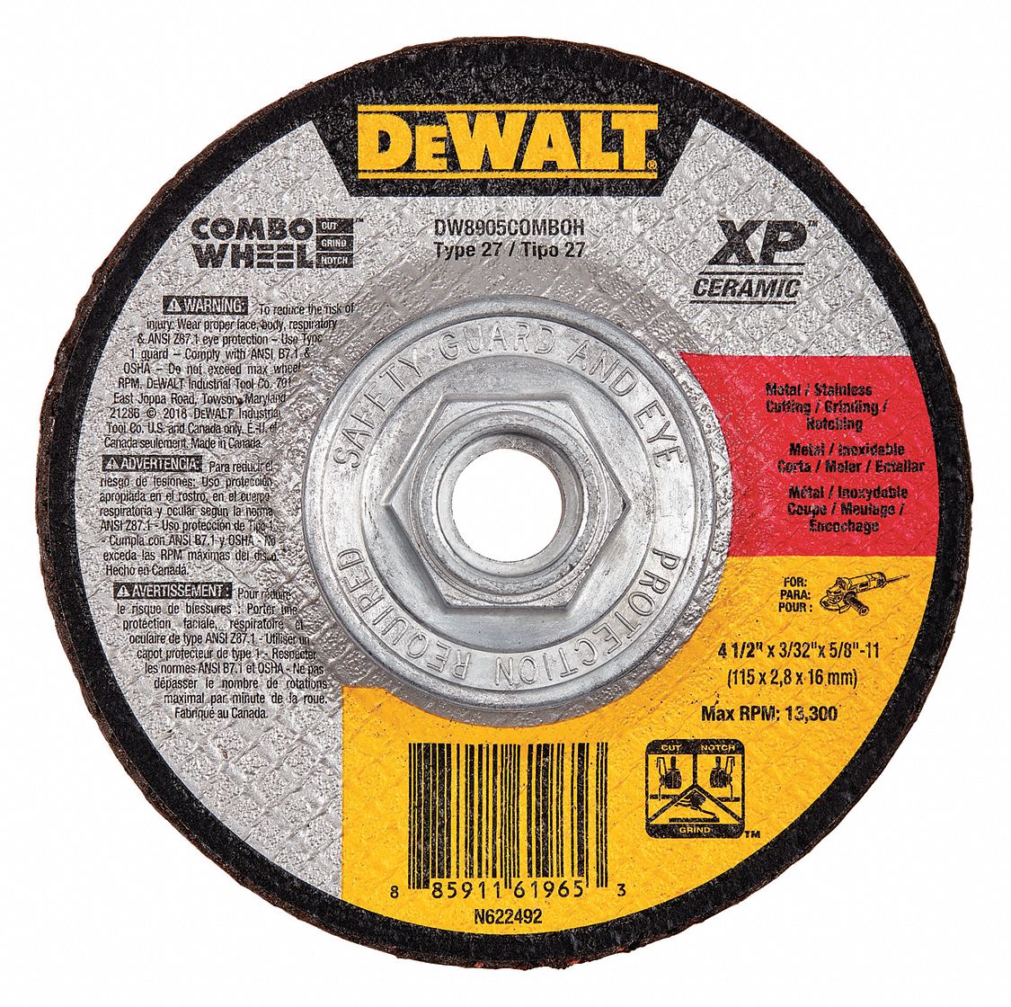 DEWALT, Type 27, 4 1/2 in x 3/32 in x 5/8"11, Depressed Center CutOff