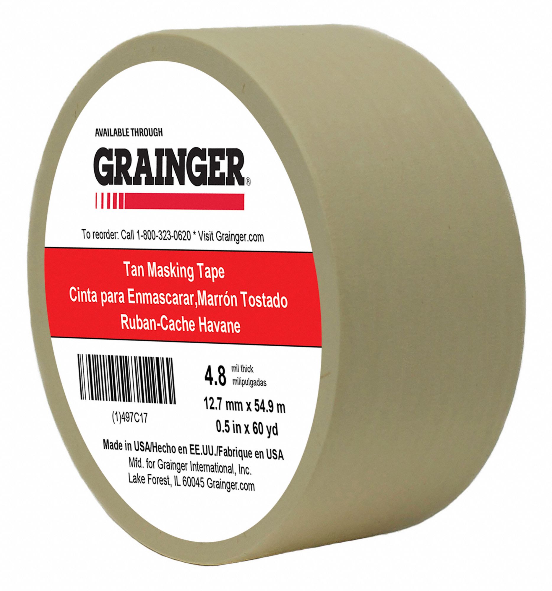 1/2 in x 60 yd, 4.8 mil Tape Thick, Masking Tape 497C17TC1060.5" X