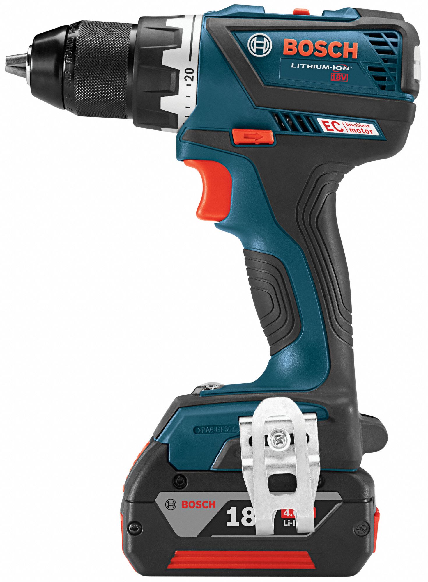 BOSCH Drill Kit: 18V DC, Compact, 1/2 in Chuck, 1,900 RPM Max., 531 in