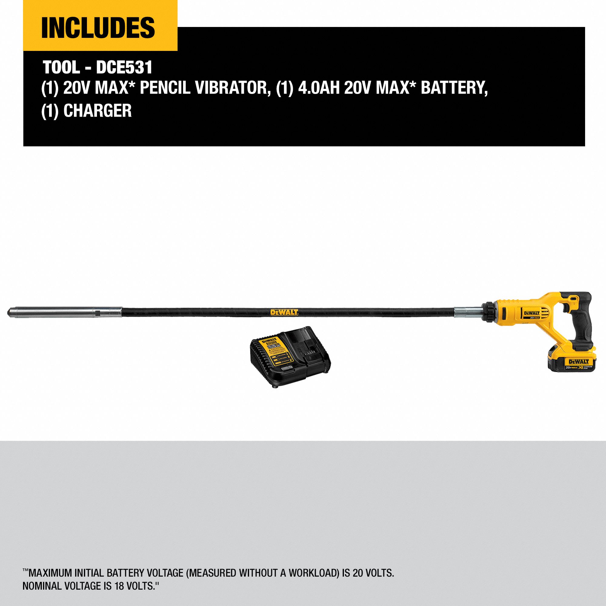 DEWALT Cordless Concrete Vibrator Kit Handheld, 20V DC, 4 ft Lg, 1 1/8
