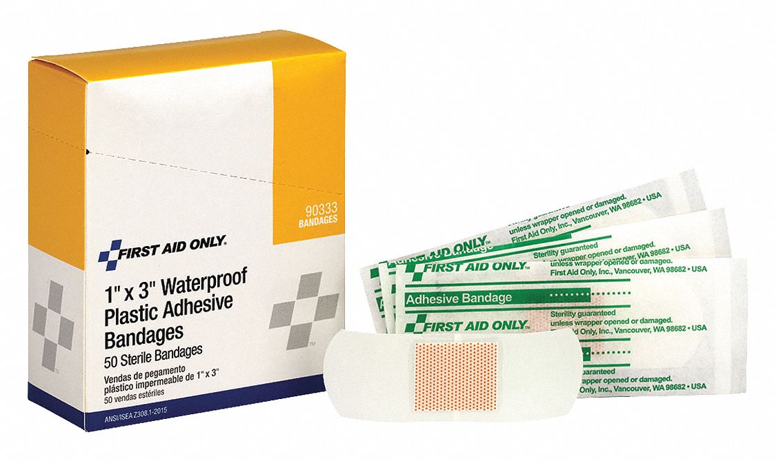 FIRST AID ONLY Plastic Strip Bandages, 3 in x 1 in, Sheer 49H393