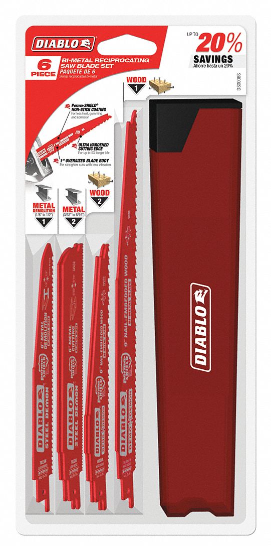 DIABLO 6 in, 9 in, Reciprocating Saw Blade Set 49YA15DS006S Grainger