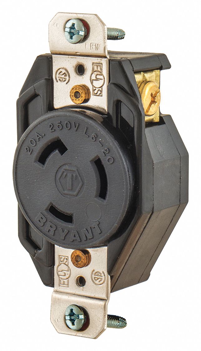 BRYANT Black Locking Receptacle, 20 Amps, 250V AC Voltage, NEMA