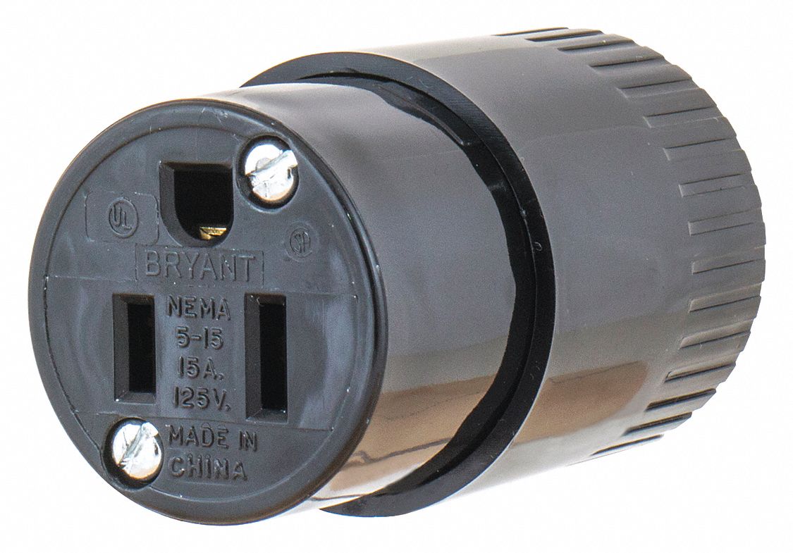 BRYANT Straight Blade Connector 515R, 15 Amps Plugs and Receptacles, 125V AC, 2 Poles, Black