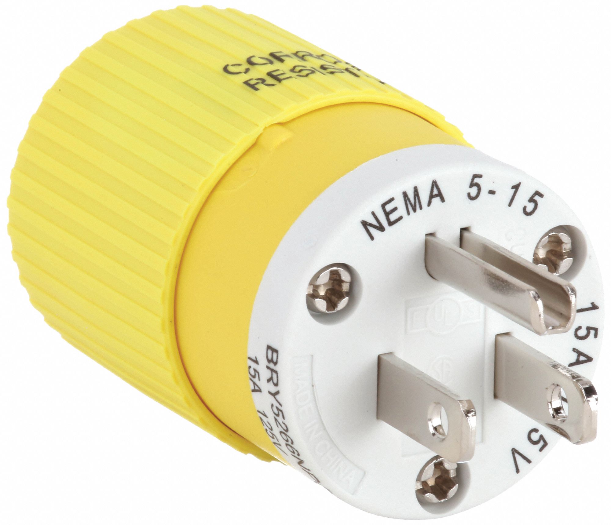 BRYANT 15A Industrial Grade Straight Blade Plug, Yellow/White; NEMA