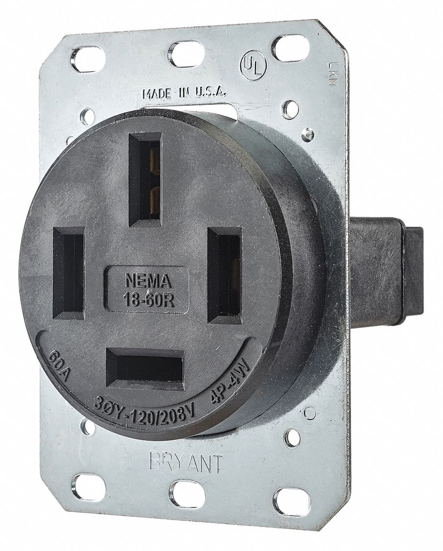 BRYANT 60 A, Industrial, Receptacle, Black, No Tamper Resistant
